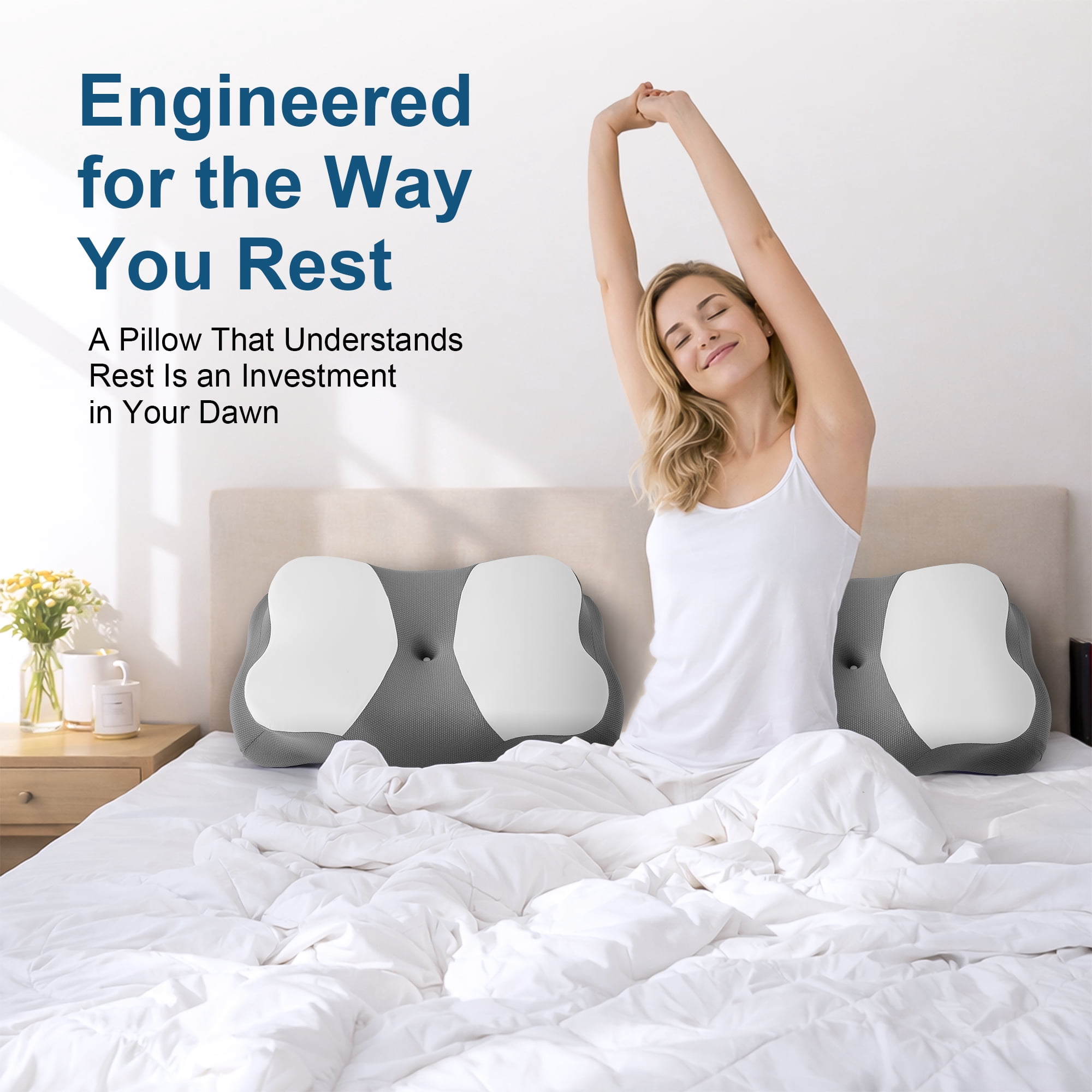 KAIPARA Memory Foam Cervical Pillow for Sleeping, Ergonomic Butterfly Contour Bed Pillow with Cooling Ice Silk Cover for Side, Back & Stomach Sleepers, Grey & White