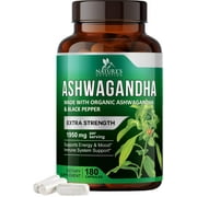 Nature's Nutrition Organic Ashwagandha Capsules Extra Strength 1950mg - Stress Support Formula - Natural Mood Support - Focus & Energy Support Supplement - 180 Capsules