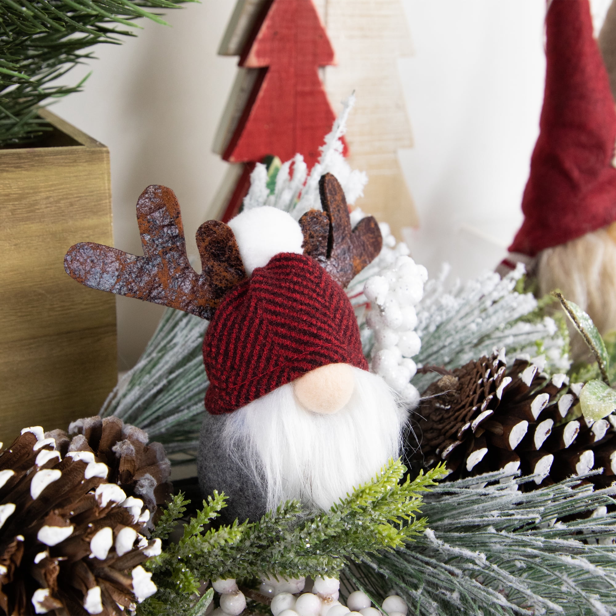 5" Red and Gray Santa Gnome with Moose Antlers Christmas Ornament Decoration