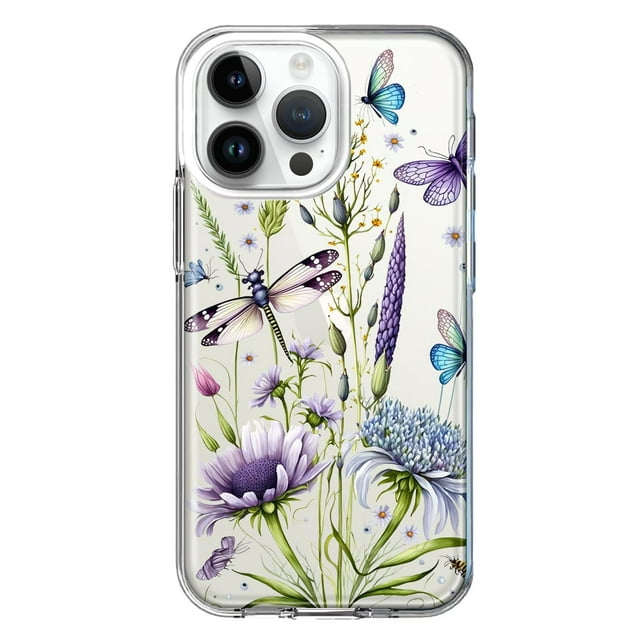 MUNDAZE Apple iPhone 14 Pro Max Shockproof Clear Hybrid Protective Phone Case Lavender Dragonfly Butterflies Spring Flowers Cover