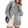 thumbnail image 1 of HOTAPEI Denim Jackets for Women Oversized Jean Jacket Curved Side Slit Hem Denim Jacket Casual Boyfriend Jean Jacket With Chest Pockets, 1 of 5
