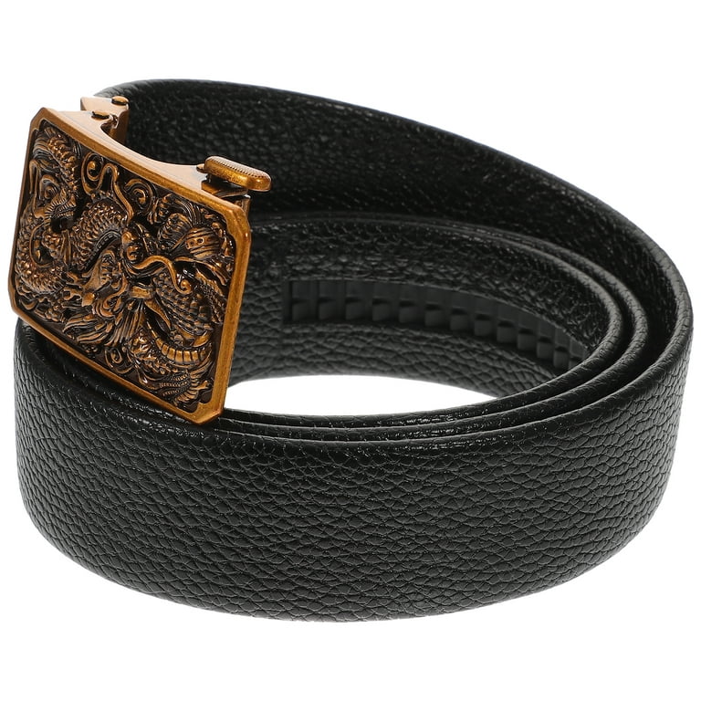 Men Carving Dragon Pattern Belt with Automatic Golden Buckle Luxury Genuine  Leather Belts (Black)