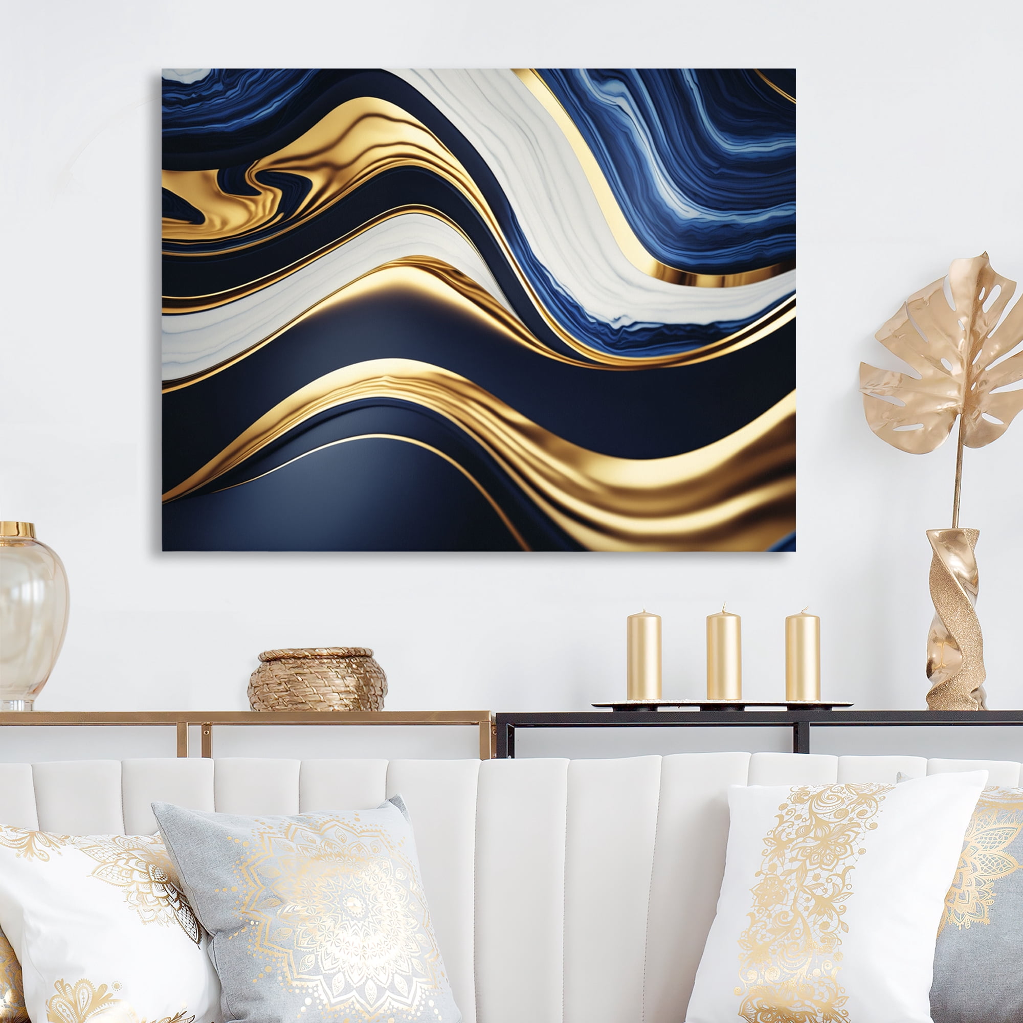 Designart Abstract Geode Waves Blue And Gold V Canvas Wall Art