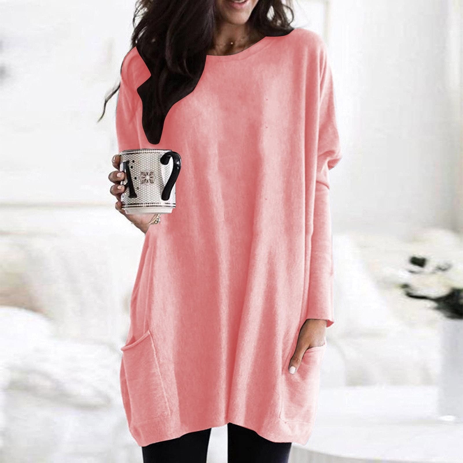 Comfy Dressy Tunic Tops to Wear with Leggings Round Neck Gradient Ombre  Flowy Hide Belly Long Shirt Plus Size Tops for Women Long Sleeve Shirts Hot  Pink XXL 