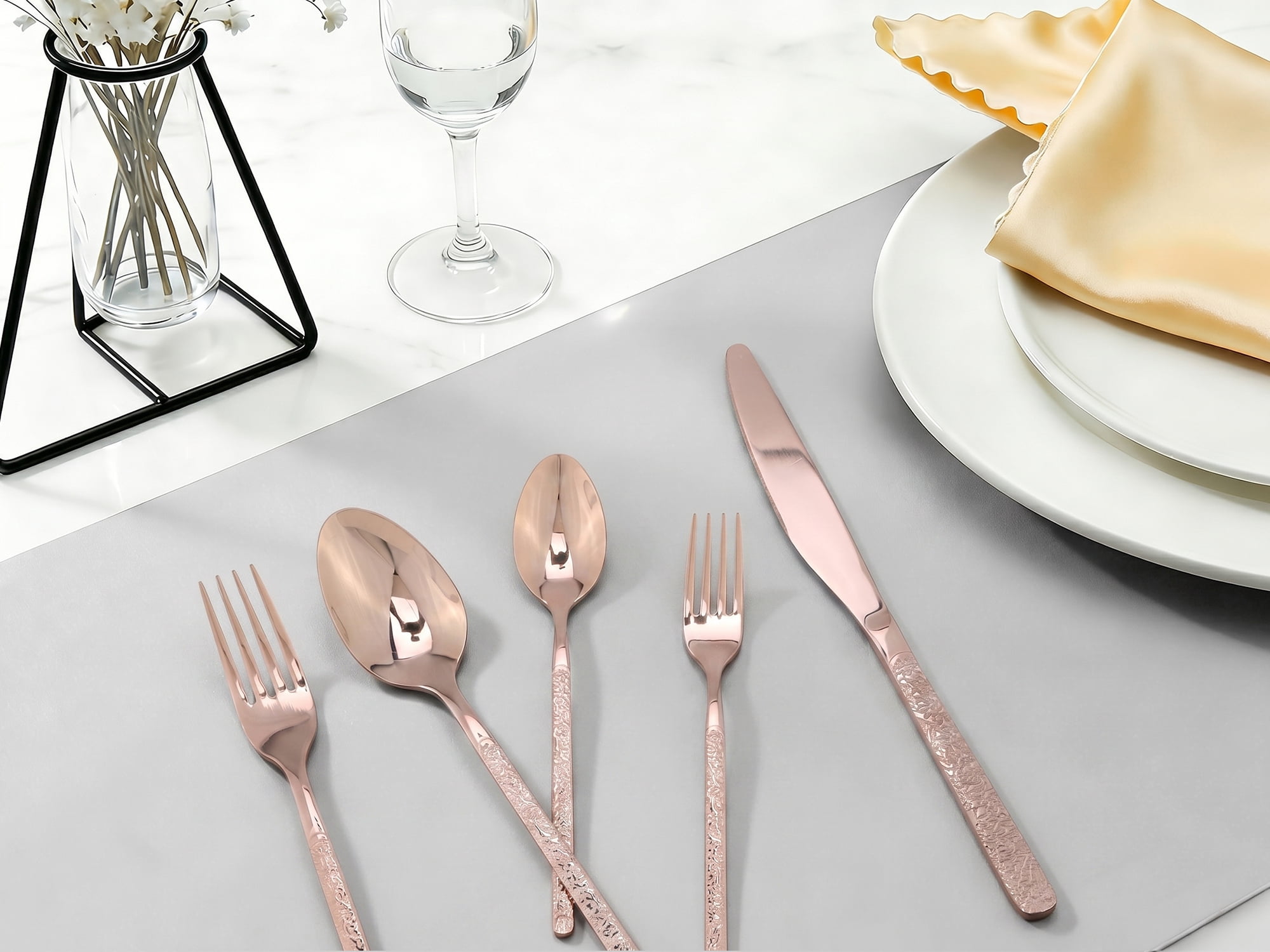 Unique Bargains 20 Piece Stainless Steel Flatware Set with Texture and Mirror Rose Gold
