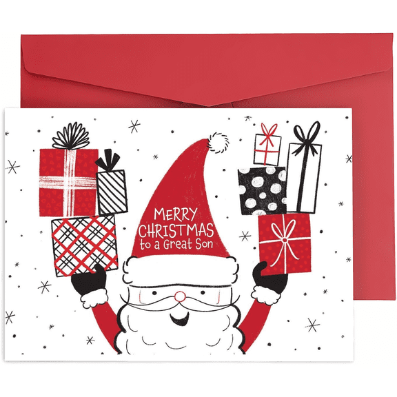 Merry Christmas Card for Son – Adorable Santa Holding Gifts Design – Envelope Included, Blank Inside – Perfect Holiday Greeting for Your Great Son
