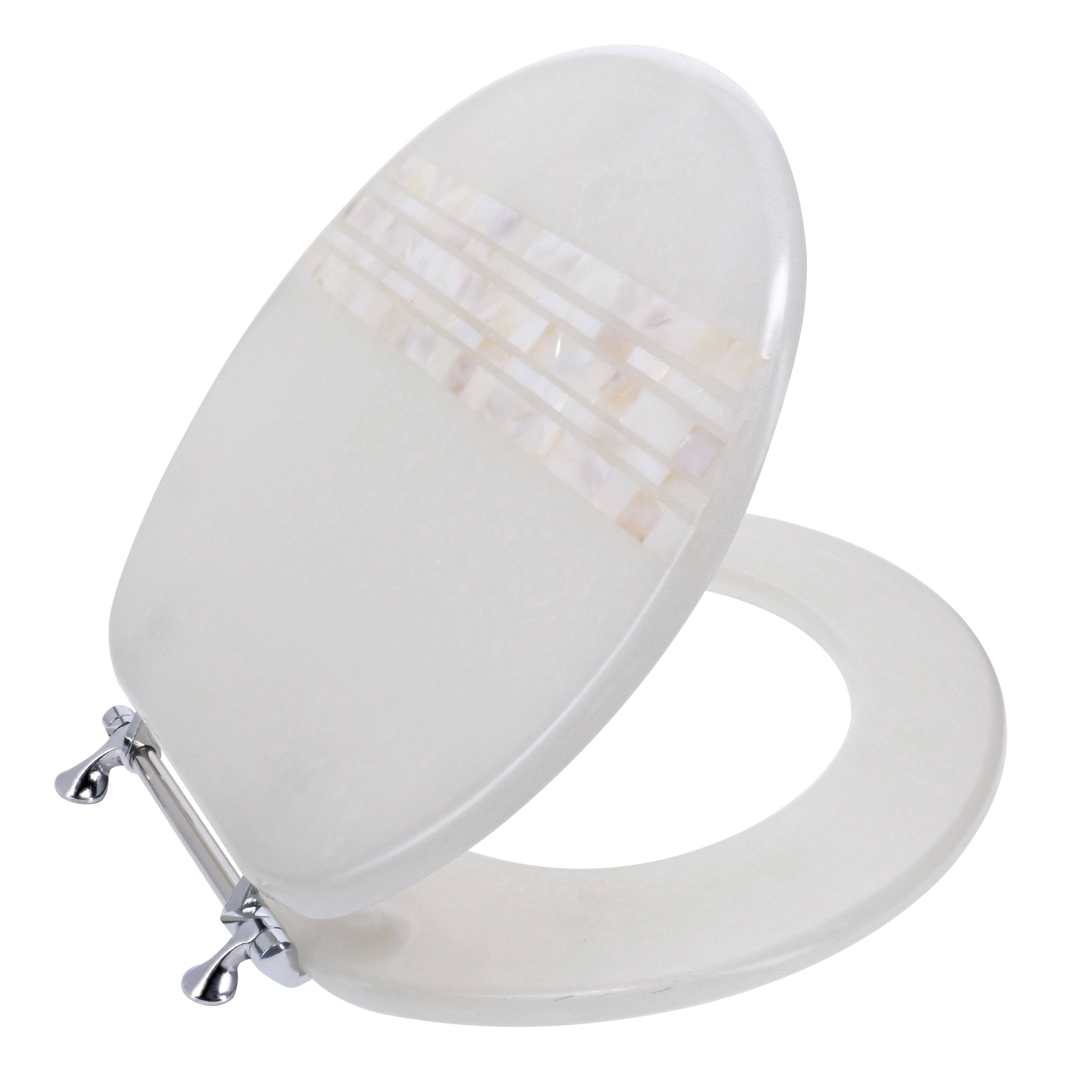 Ginsey Elongated Resin Toilet Seat Chrome Hinges Silver Foil 