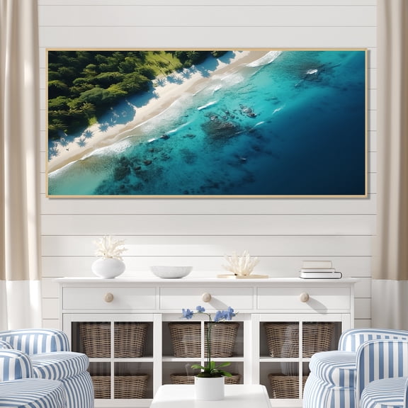 Designart "Relaxing Coastal Aerial View III" Extra Large Coastal Framed Wall Art - Coastal Green Coastal Beach Bedroom Framed Canvas Wall Art