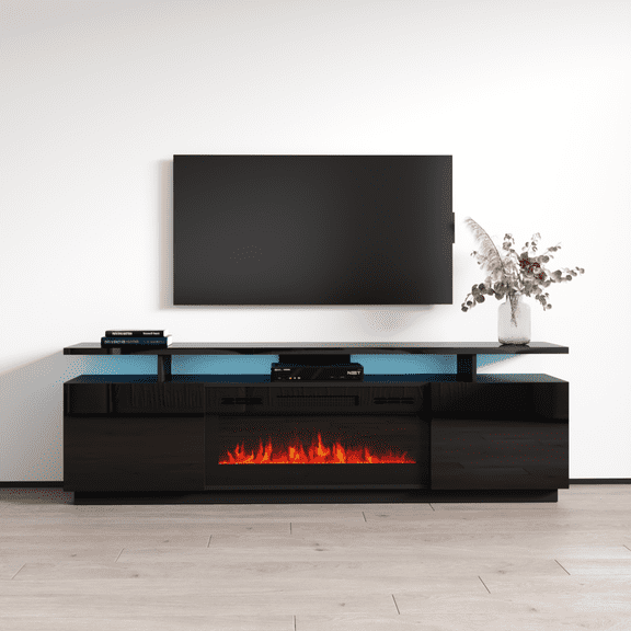 Eva-KBL Fireplace TV Stand for TVs up to 80", Modern High Gloss 71" Entertainment Center, Electric Fireplace TV Media Console with Storage Cabinets and LED Lights