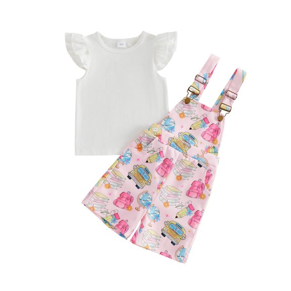 RUINIXCW Toddler Baby Girls Back to School Outfits Kids Kindergarten Outfits First Day of School Outfit Fly Sleeve Shirt Tops Adjustable Strap Overall Shorts Set Toddler Girls Summer Clothes