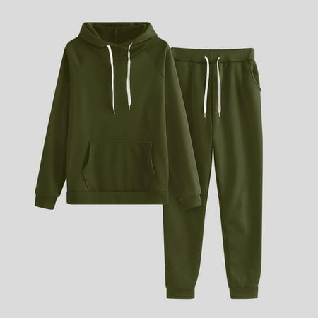 SDNall Two Piece Hoodies Sets for Women Casual Solid Hooded Drawstring Loose Long Sleeve Sweatshirt Tops and Long Pants Set Suits Hoodie (Army Green  Sizes S-XXL)