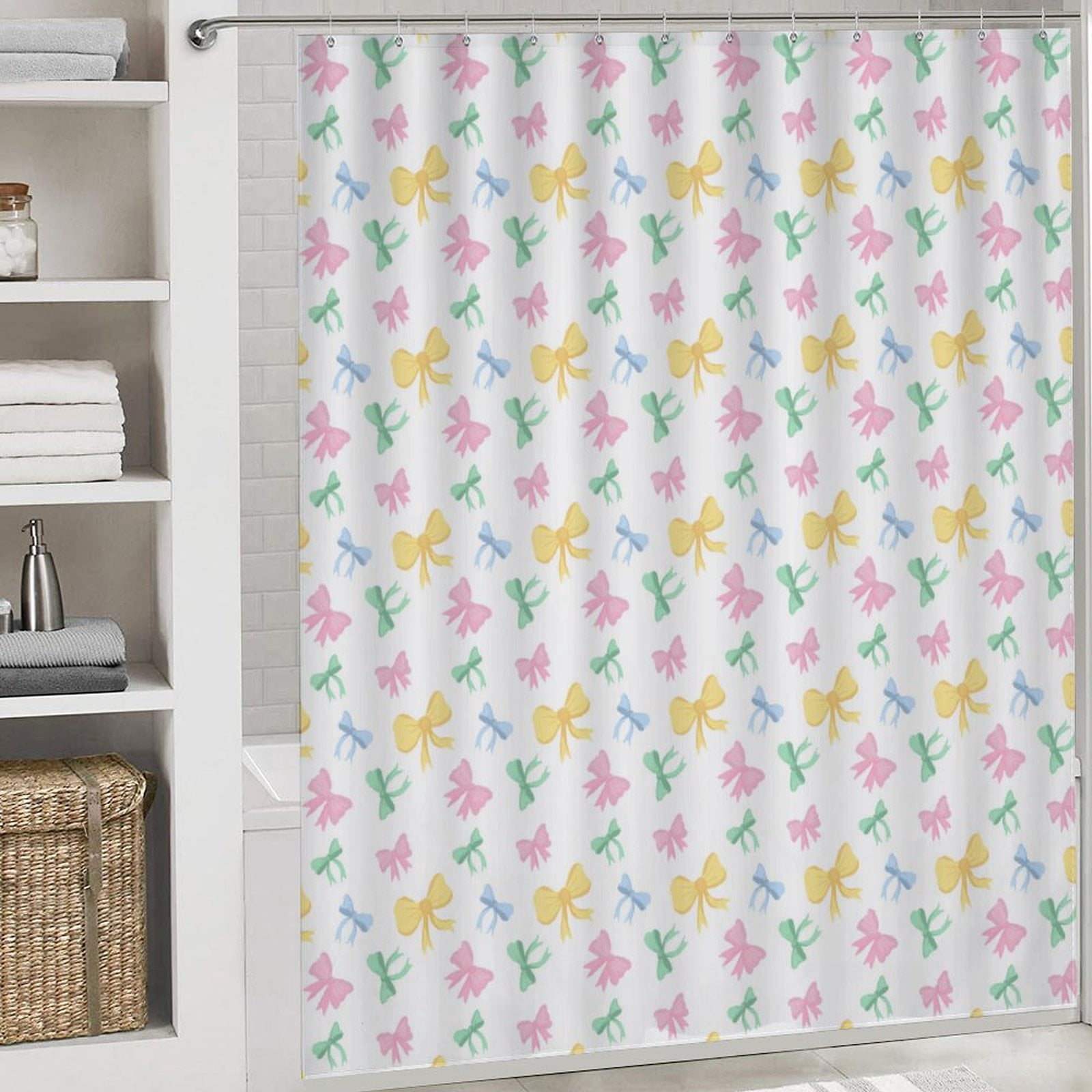 Princess Girl Cute Bow 4 Pcs Shower Curtain Set with Rug Bathroom Sets with Waterproof Fabric And Non-Slip Rugs Toilet Lid Cover Bath Mat Decor with Hooks