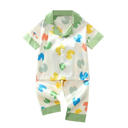 

Toddler Girl Outfit Sets Unisex Silk Pajamas Set Satin Short Sleeve Pajamas 2 Piece Button Down Cute Print Sleepwear Outfit Set Boys