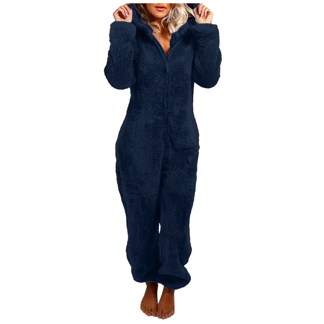 Gibobby Monos Holgados Pijamas de manga larga de lana artificial para mujer Casual Color sólido Cremallera Suelta con capucha Mono Pijamas Casual Invierno Cálido Orejas lindas(Azul marino, M)