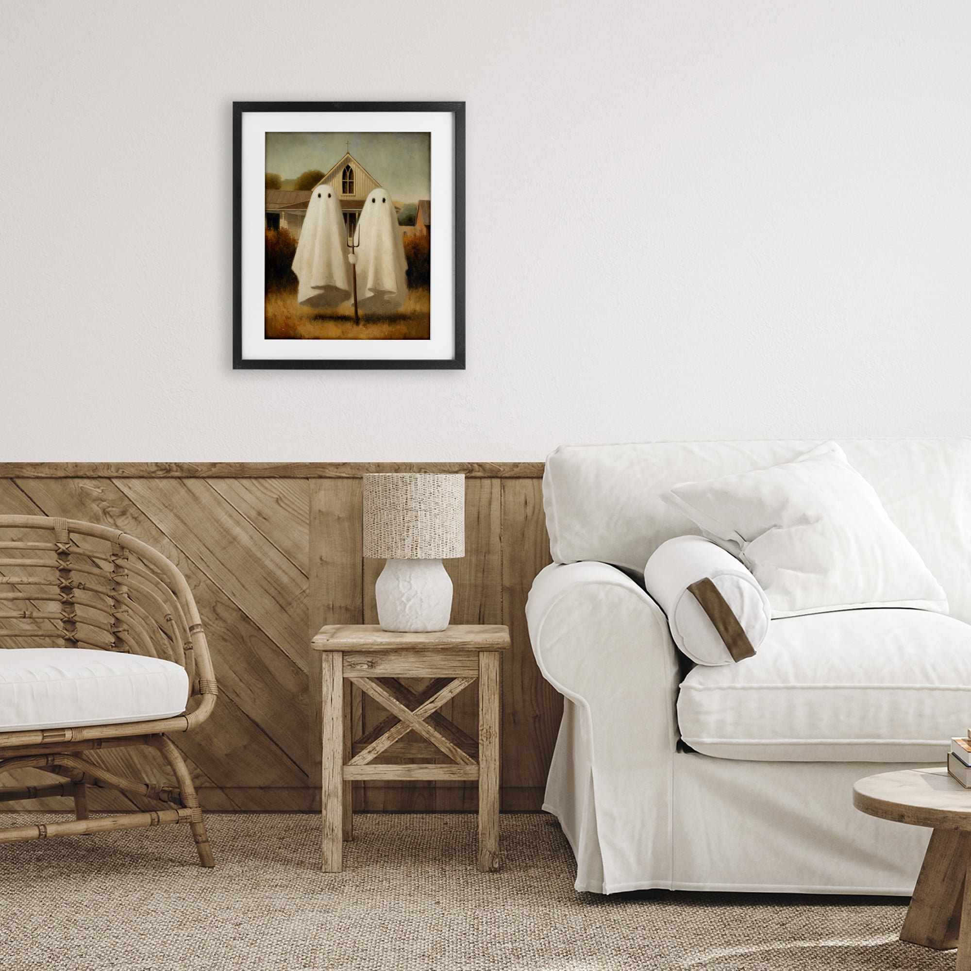 American Gothic Ghosts Black Framed Print Under Glass, design by Arlington Prints