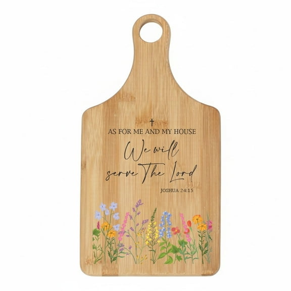 Christian Scripture Bamboo Cutting Board – “As for Me and My House We Will Serve the Lord” Joshua 24:15 Floral Design Gift for Home Kitchen Décor