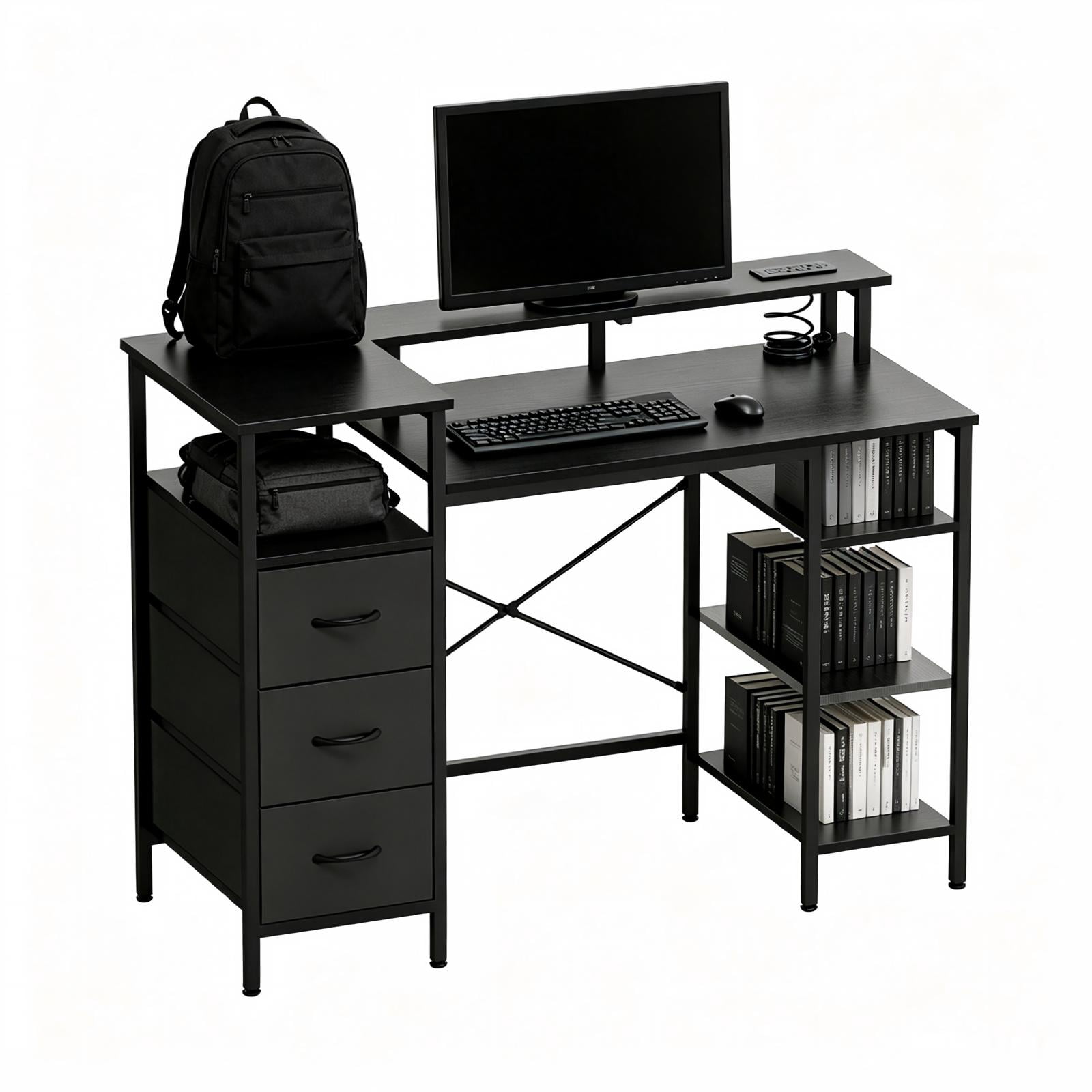 3-Drawer 4-Shelf Computer Desk with Power Strip, 47.2 x 18.8 x 34.7 in, Black