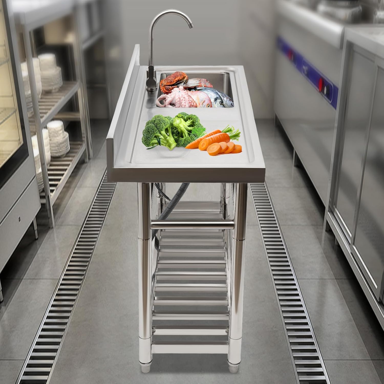 Utility Sink Free Standing Sink, Stainless Steel Sink, Feet Adjustable 0.39-1.18inch Commercial Laundry Sink for Garage, Restaurant