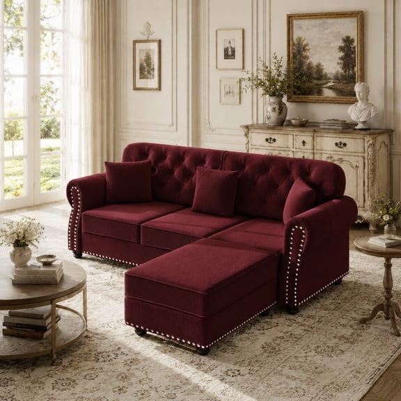 DEALTOPS 82.6 Inch Reversible Chesterfield Velvet Sectional Sofa Couch with Ottoman, Tufted Nailhead Trim, Burgundy