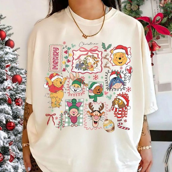 Retro Christmas Winnie The Pooh Coquette Comfort Colors Shirt, Pooh Christmas Shirt, Disney Christmas Shirt, Pooh and Friends Merry Christmas Shirt
