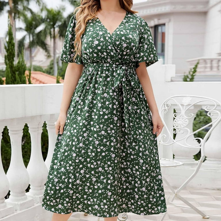 Black and Friday Deals Women s Plus Size Floral Print Dress Faux Wrap V Neck Short Sleeve Sexy Casual Midi Dresses with Belt Flowy Dress 4XL Green Walmart