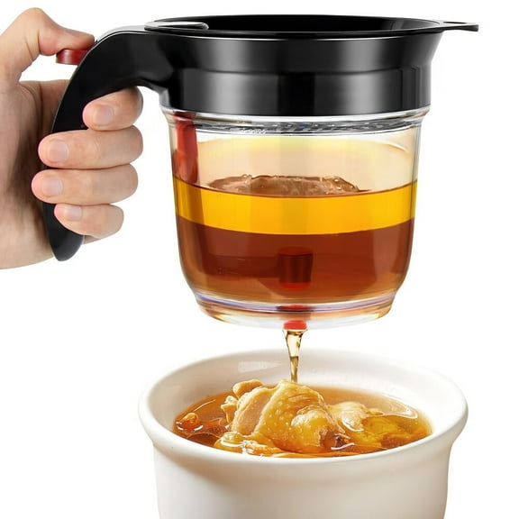 Fat Separator with Bottom Release and Oil Strainer Gravy Separator 4 Cups or 1000ml Fat Strainer Measuring Cup Plastic Soup Oil Separator Fat Skimmer for Gravy Sauces and Other Liquids Black
