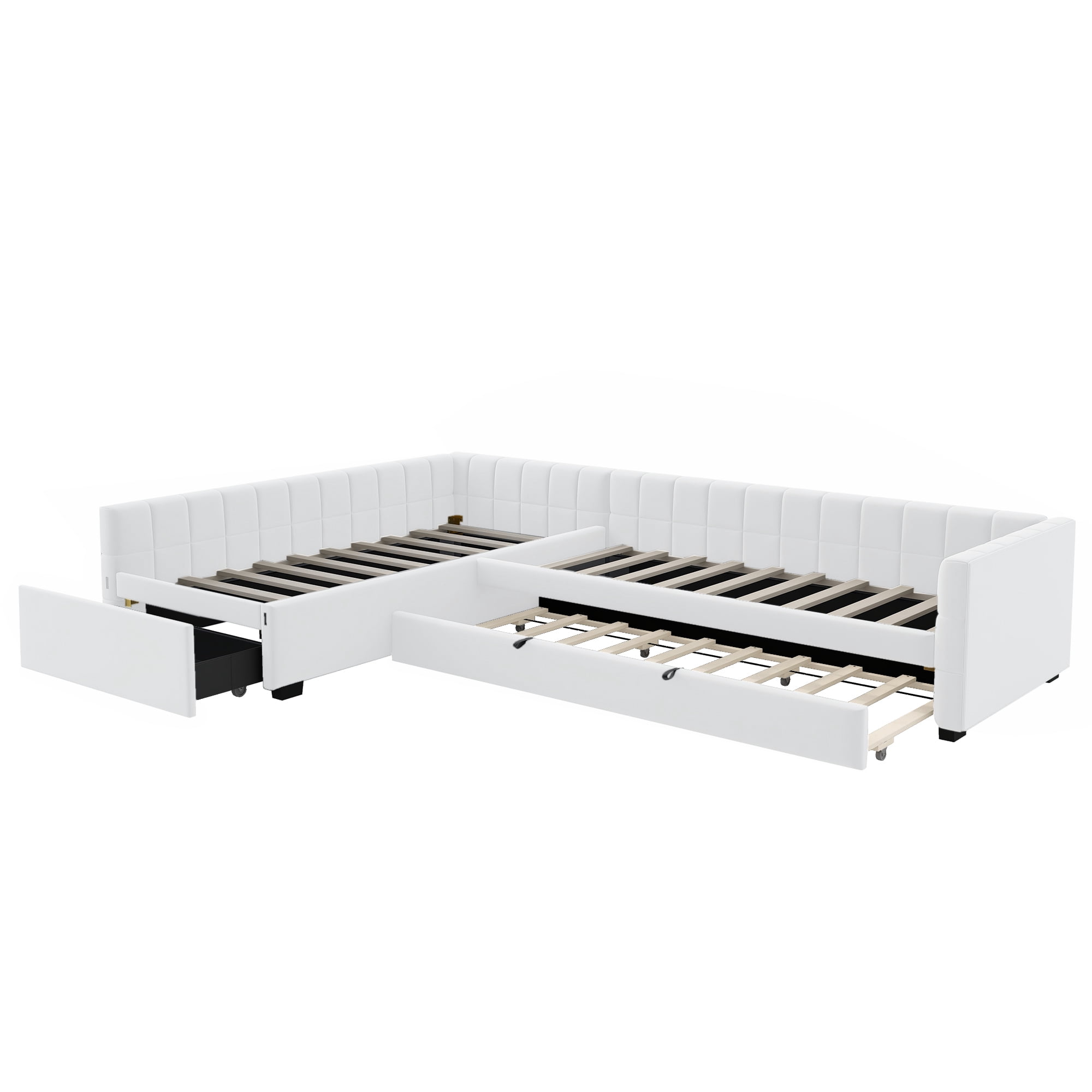Euroco Upholstery L-Shaped Twin Platform Bed with Trundle and Drawer, 3 Beds in 1, No Spring Box Needed, Beige