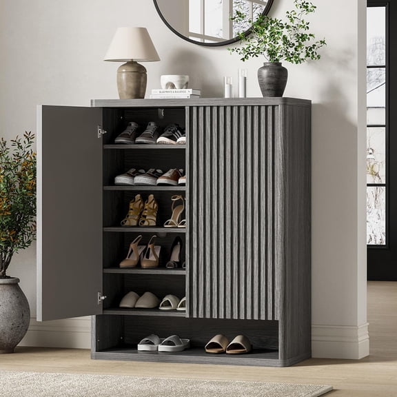 Grey 31.5" Shoe Cabinet with Fluted Door, Adjustable Shelves, Large Wooden Shoe Organizer Holds 25–30 Pairs for Entryway & Living Room