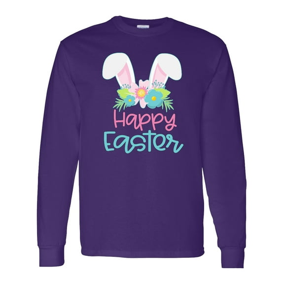 Inktastic Happy Easter with Bunny Ears and Flowers Long Sleeve T-Shirt