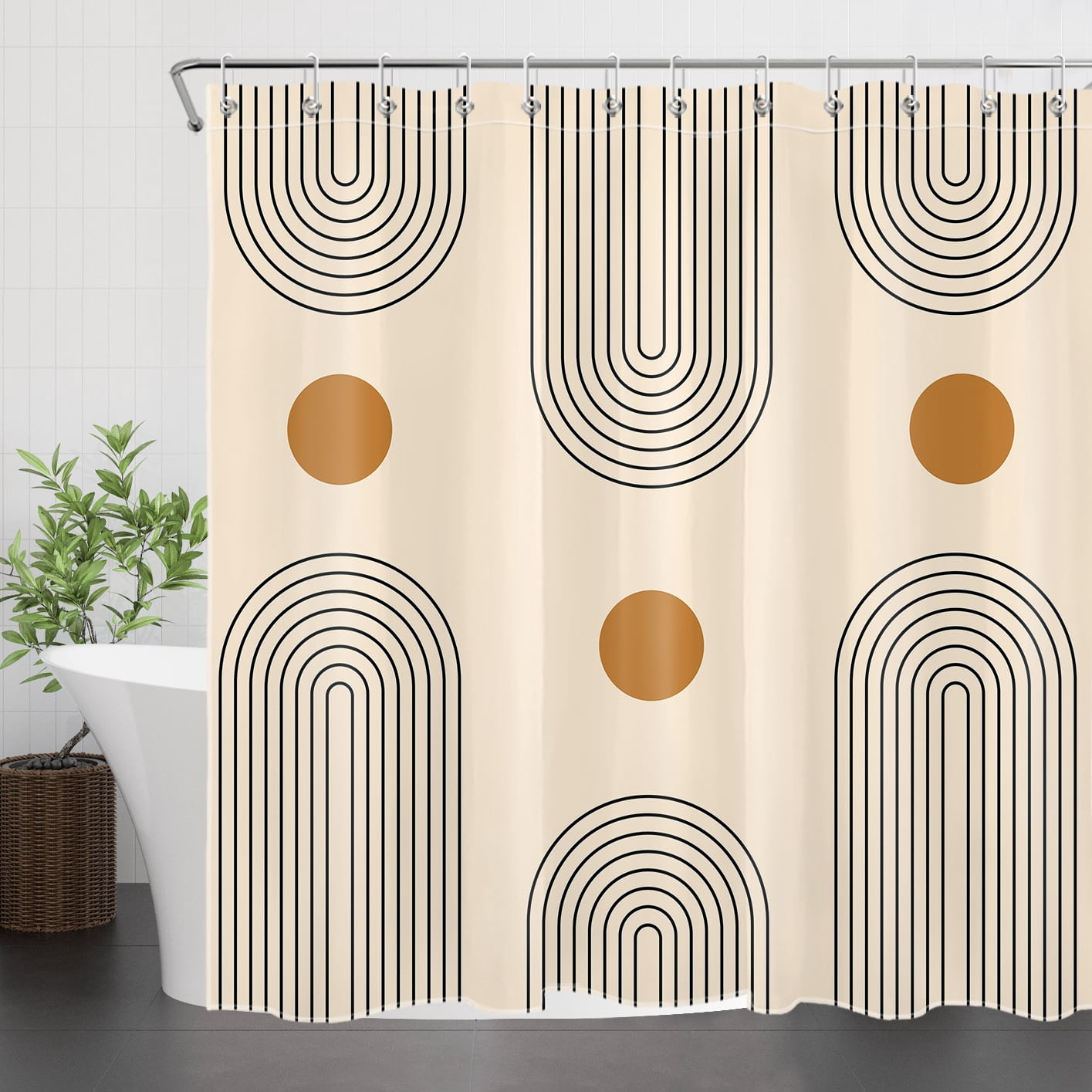 Mid Century Shower Curtain Boho Modern Minimalist Arch Sun Simple Lines Abstract Bathroom Shower Curtain Retro Geometric Aesthetic Waterproof Durable Bath Curtain with 12 Hooks 72x72 Inches