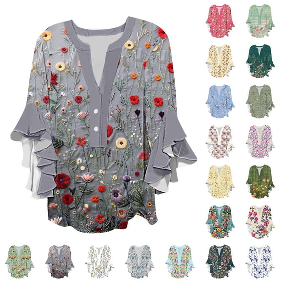 Smsaxvxz Womens Summer Tops Fashion Boho Floral Printed Button V Neck 3/4 Ruffle Sleeve Shirts Casual Loose Beach Blouse Tops B-04 M