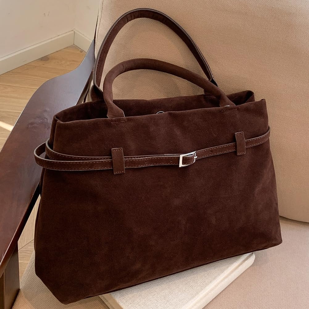 Suede Tote Bag for Women Slouchy Work Tote Bag Faux Suede Top Handle Bag Retro Brown Suede Handbag Purse