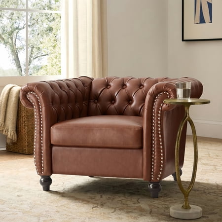 Euroco Chesterfield PU Leather Upholstered Club Chair with Scrolled Arms,Mid Century Modern Single Sofa Chair with Solid Wood Legs and Nailhead Trim,Rolled Armchair for Living Room