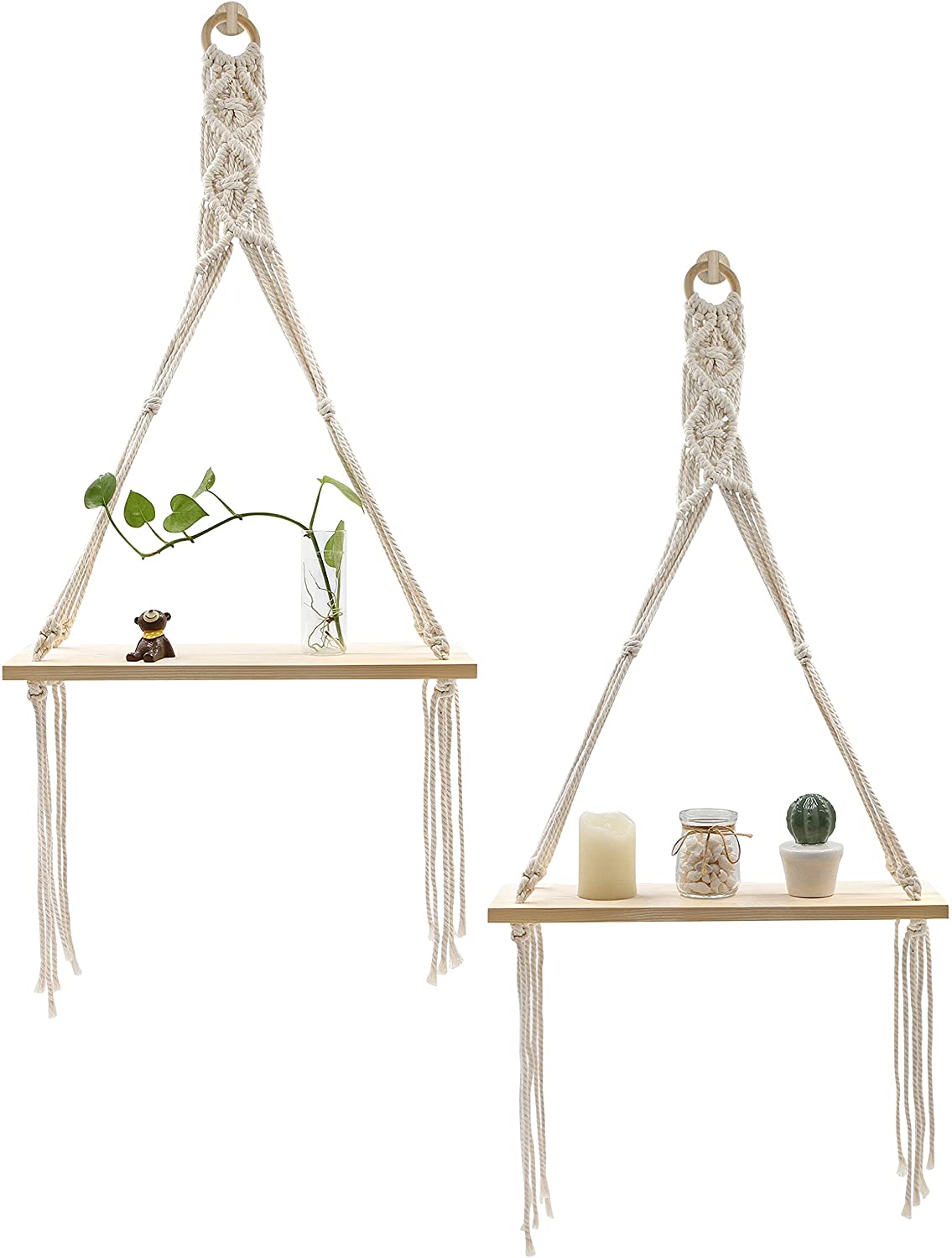 Afuly Macrame Wall Shelves Hanging Boho Floating Shelves Rustic Decor 1 tier Shelves Set of 2