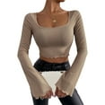 thumbnail image 1 of Sedceaty Women's Flare Long Sleeve Crop Tops, Solid Color Ribbed Square Neck Lettuce Hem Show Navel T-Shirts, 1 of 6