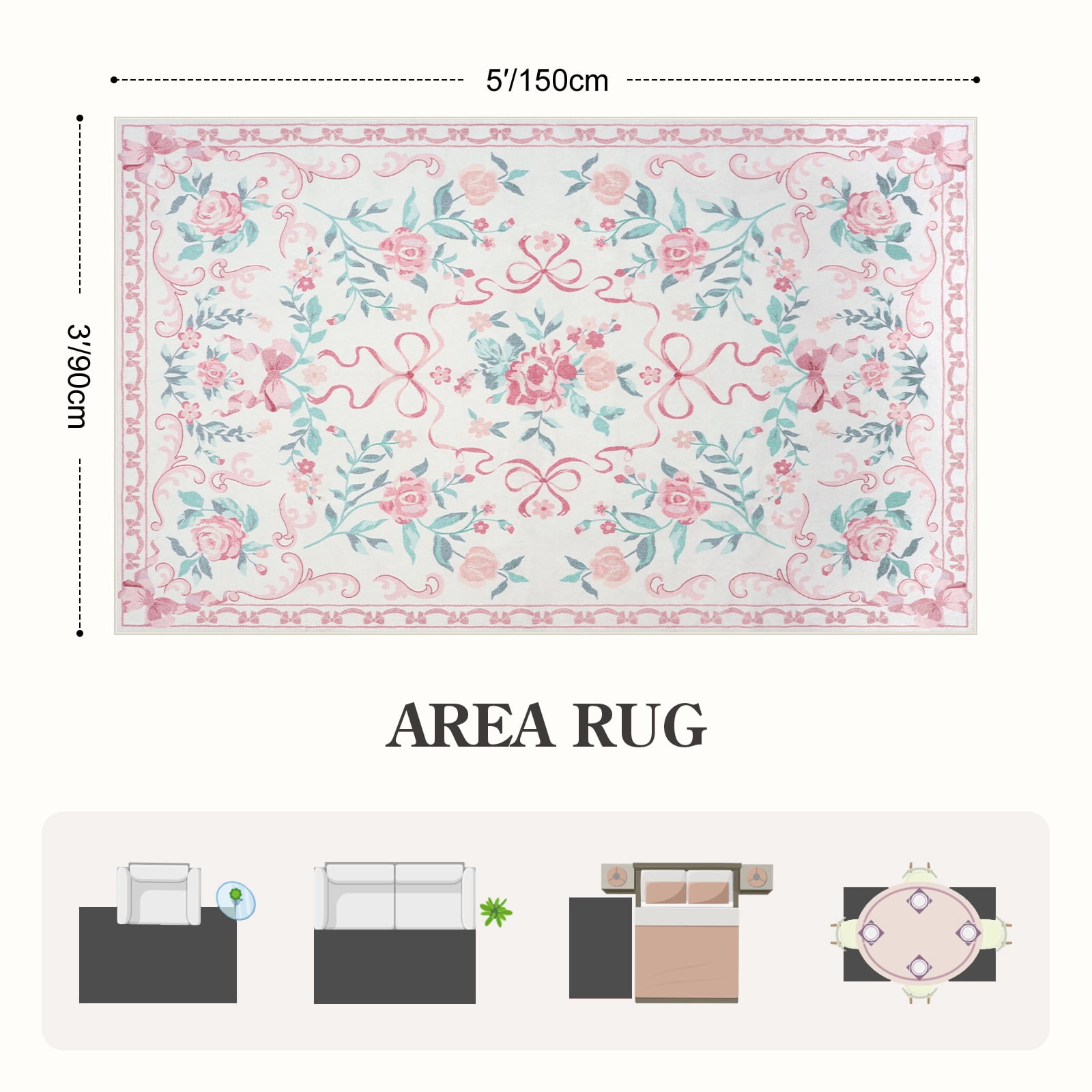 Lahome Washable 3'x5' Floral Bow Area Rug, Pink Rugs for Nursery Living Room, Soft Ultra-Thin Non-Slip Carpet for Girls Bedroom Entryway Playroom, Pink