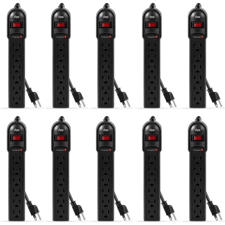 KMC Surge Protector Power Strip, 6-Outlet, 10-Pack, 2-Foot Cord, 735 Joules, Black