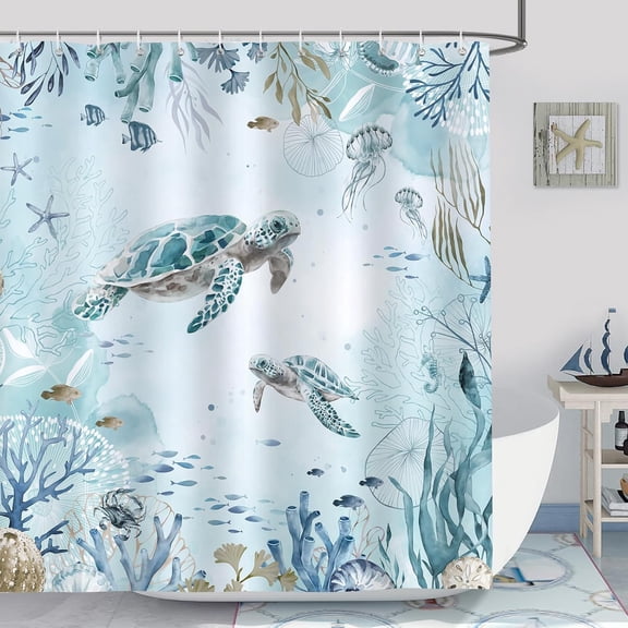 Sea Turtle Shower Curtain, Teal Blue Ocean Beach Coastal Bathroom Decor 72 x 72 Inch Polyester Fabric Waterproof Bath Curtain with 12 Hooks