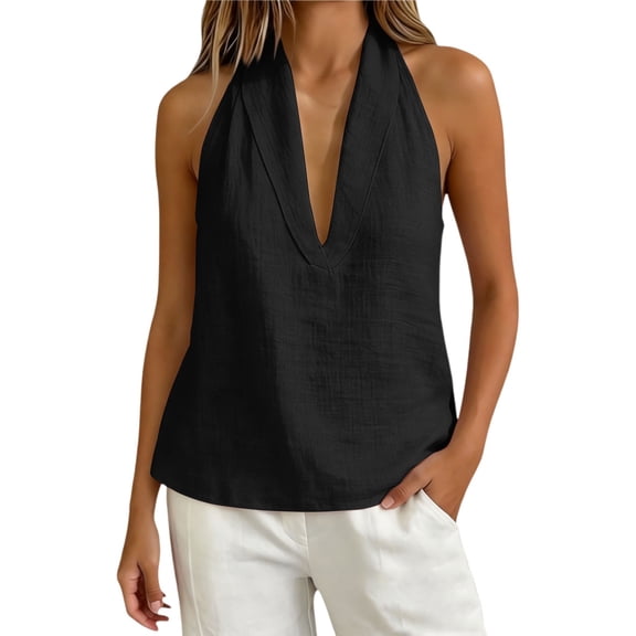 Sillenn Deep V Neck Halter Sleeveless Tank Shirts Cotton Linen Loose Fit Back Tie Flowy Halter Top Summer Casual Beach Vacation Boho Camisole Tops Flowy Tank Tops Linen Cotton Cute Blouses Black L
