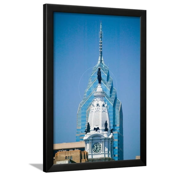 Statue of William Penn on the top of the renovated City Hall and a modern office building behind, Scenic Framed Art Print Wall Art Sold by Art.Com