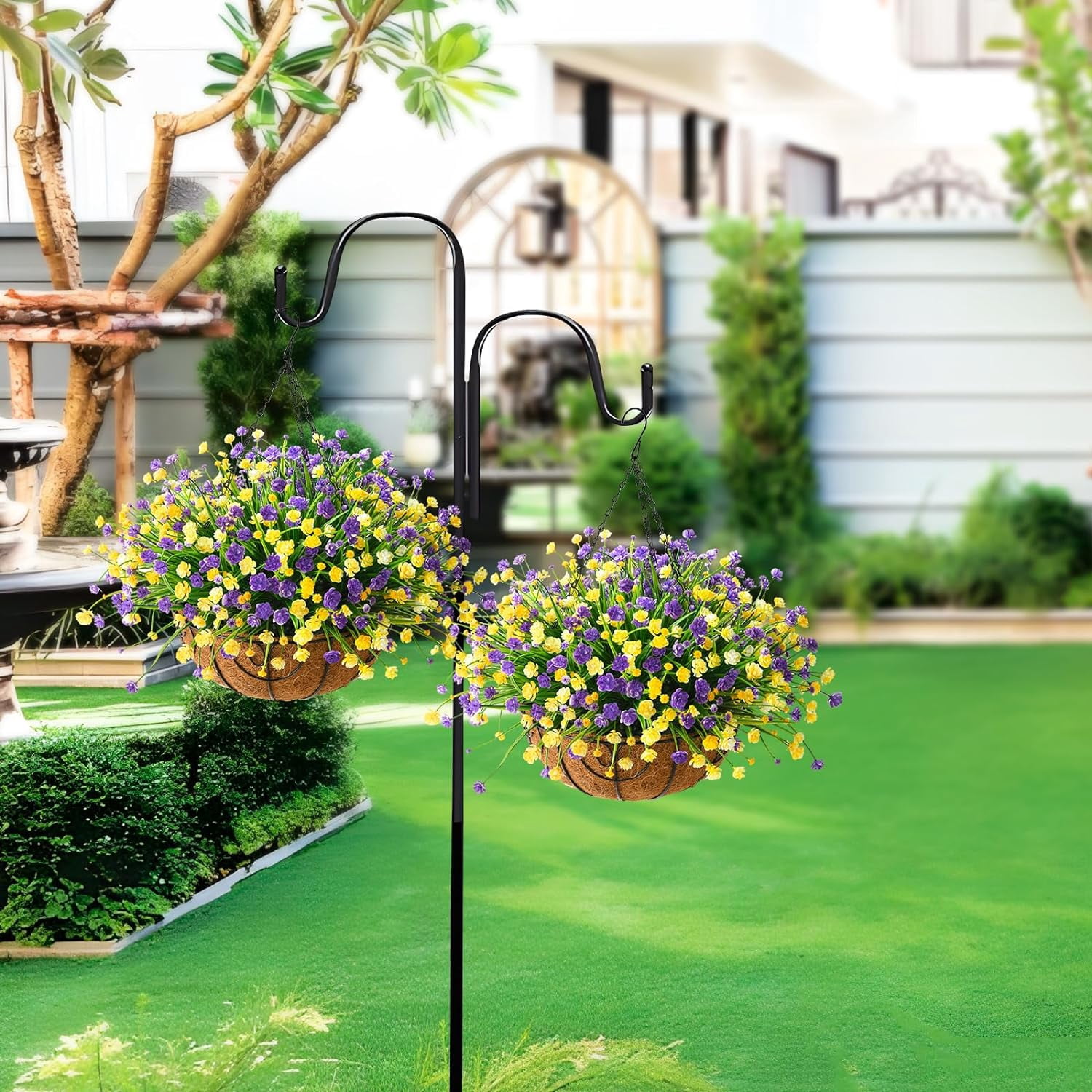 Artificial Hanging Flowers in Basket for Patio Garden Decoration,Artificial Daisy Arrangement,Fake Plants in inch Coconut Lining Basket for Outside Spring Decor(Purple Yellow)