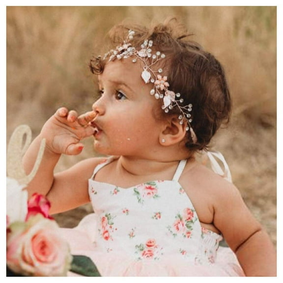 Flower Girl Headband for Wedding, Baby Girl Flower Pearl Hair Piece, Gold Headpiece for Birthday Party, Photography