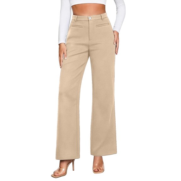 Tisuna Stylish Trousers For Women Solid Color Zipper Botton Straight Leg Pants Fashion Comfortable Ladies Female All Season Wear Casual Pants Beige Size L