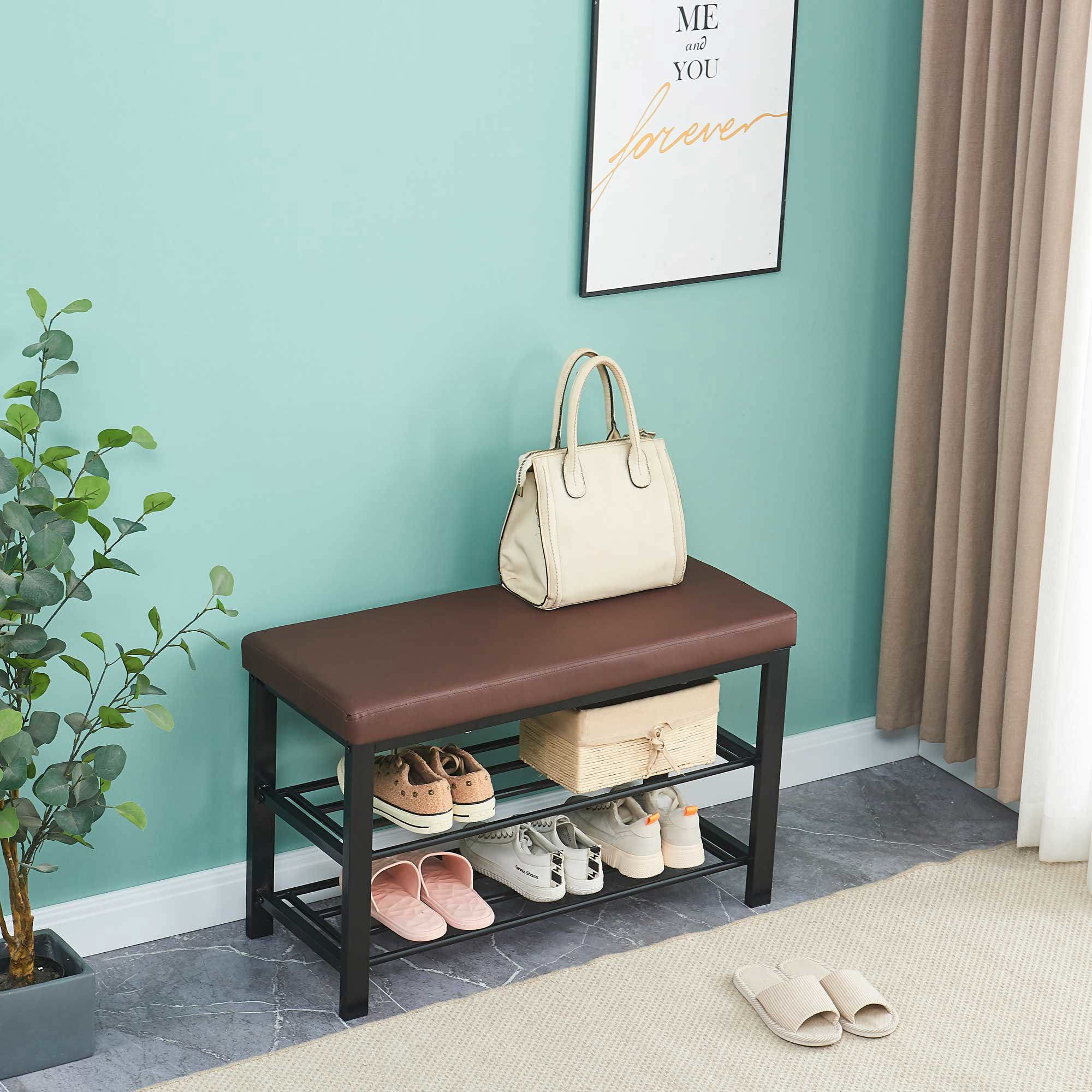 Resenkos 3-Tier Shoe Rack Bench for Entryway, Storage Organizer with Foam Padded Seat, Faux Leather, Metal Frame,Brown Resenkos 3-Tier Shoe Rack Bench for Entryway, Storage Organizer with Foam Padded Seat, Faux Leather, Metal Frame,Brown