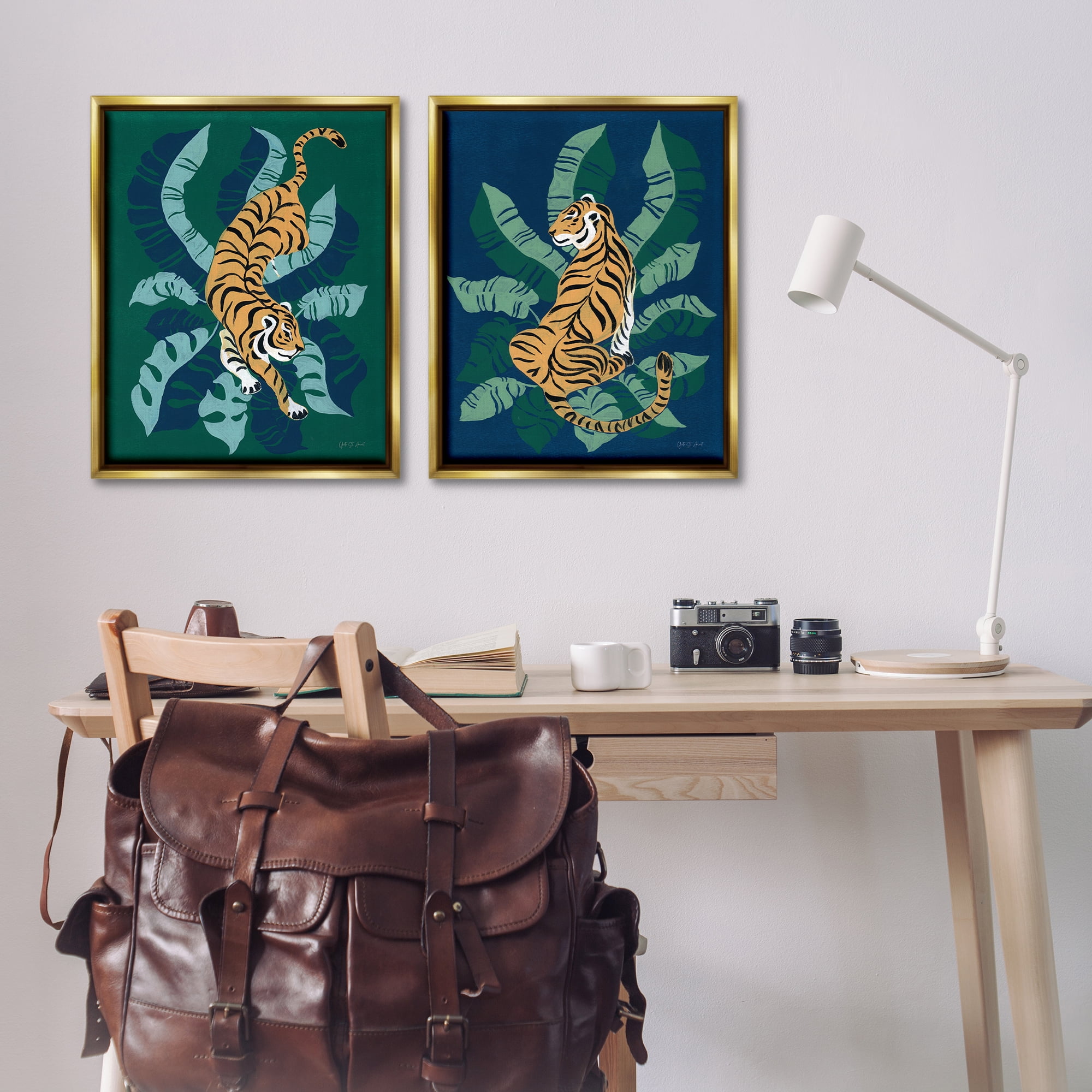 Stupell Industries Prowling Tiger Sitting Tiger Jungle Animals Painting Gold Floater Framed Canvas Art Print Wall Art, 31 x 25, Set of 2