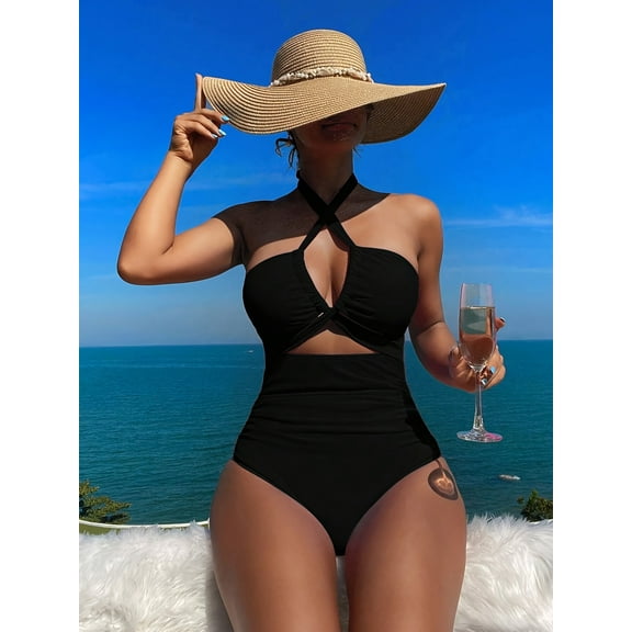 generic Women's One Piece Swimsuit Criss Cross Cutout Halter with Tummy Control Sexy V Neck High Cut Swimwear