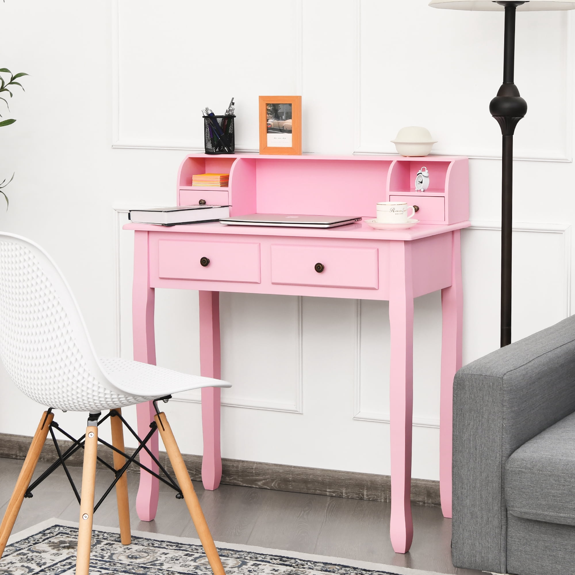 Costway Writing Desk Makeup Vanity Table Home Office Computer Desk 4 Drawer Pink
