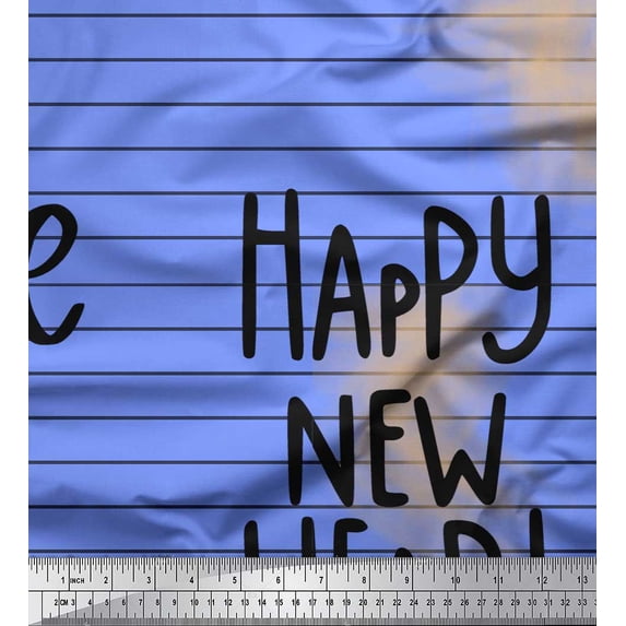 Soimoi Blue Rayon Fabric Stripe & Happy New Year Text Printed Fabric 1 Yard 56 Inch Wide