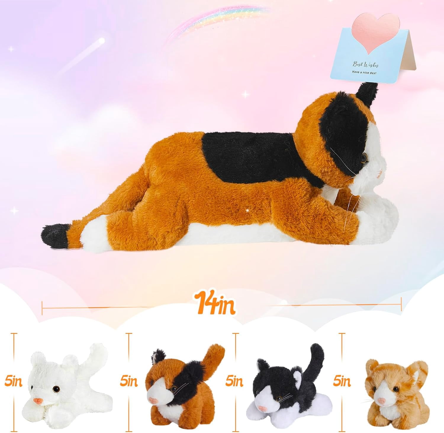 Houwsbaby 5-Piece Cat Plush Toy Set - Mommy Cat with 4 Kittens, Kitty Surprise, Parent-Child Stuffed Animals for Kids, 17''