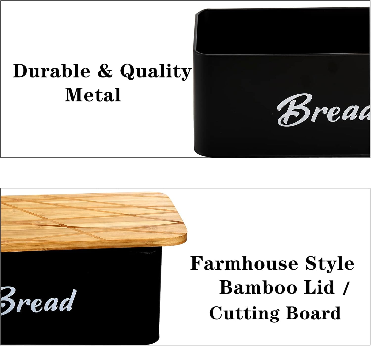 Farmhouse Metal Bread Box, Black Bread Storage Container with Cutting Board Lid, Vintage Retro Bread Keeper Bin for Bread, Kitchen Countertop, Pantry, Freezer, Keep Fresh